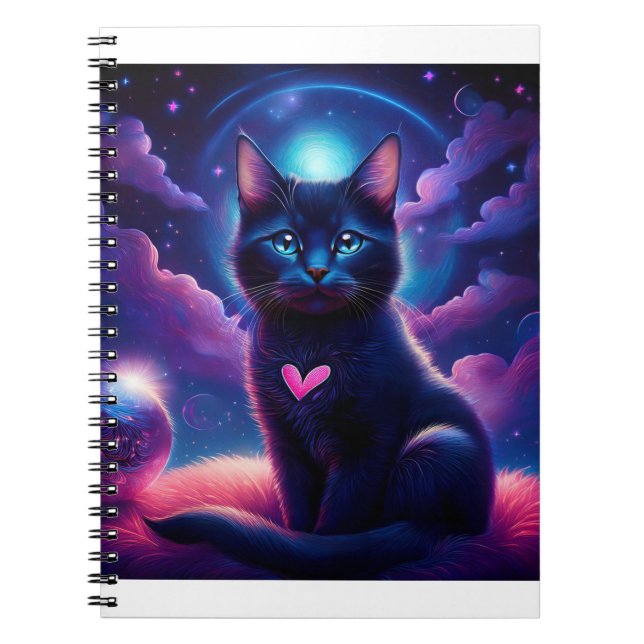 Fantasy Scene Black Kitten Beautiful Blue Eyes Notebook (Front)