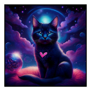 Fantasy Scene Black Kitten Beautiful Blue Eyes Poster