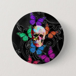 Fantasy skull and coloured butterflies 6 cm round badge
