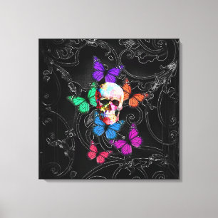 Fantasy skull and coloured butterflies canvas print