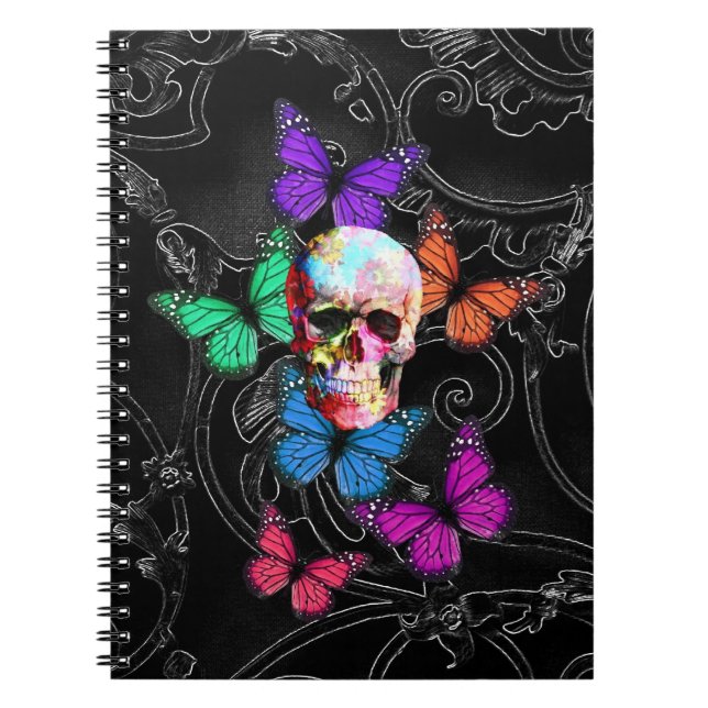 Fantasy skull and coloured butterflies spiral notebook (Front)