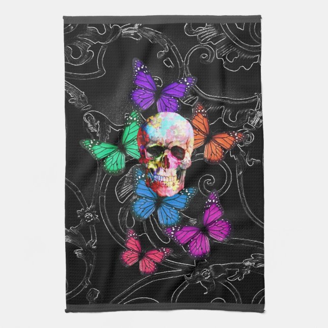 Fantasy skull and coloured butterflies tea towel (Vertical)