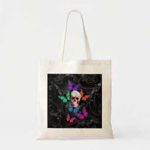 Fantasy skull and coloured butterflies tote bag