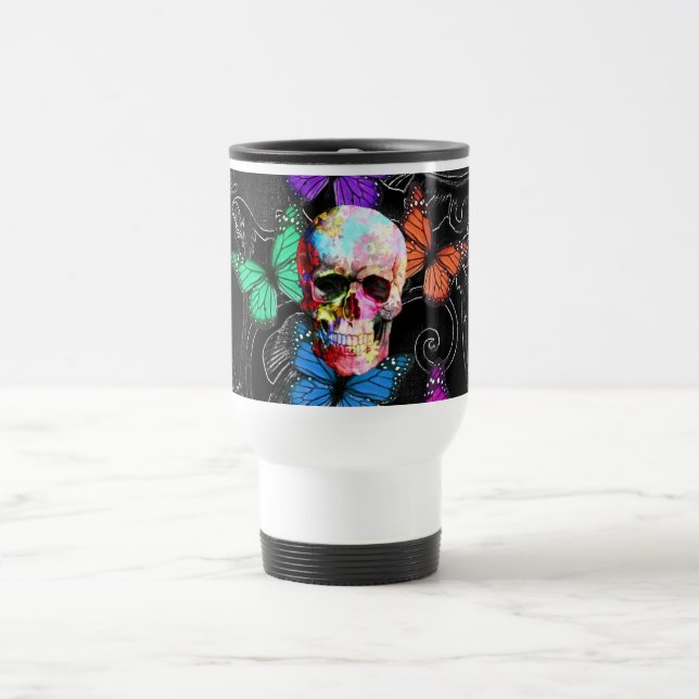 Fantasy skull and coloured butterflies travel mug (Center)