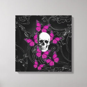 Fantasy skull and hot pink butterflies canvas print