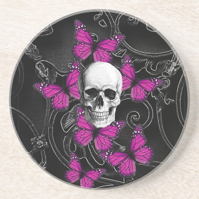 Fantasy skull and hot pink butterflies coaster (Front)
