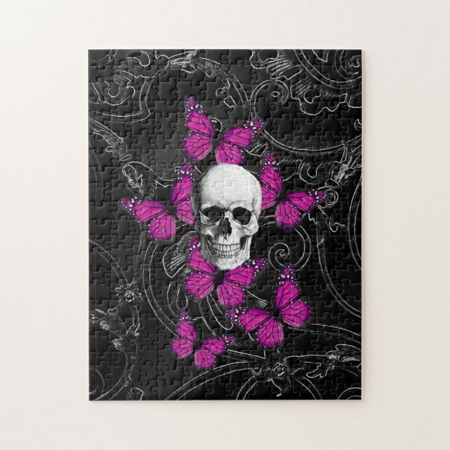 Fantasy skull and hot pink butterflies jigsaw puzzle (Vertical)