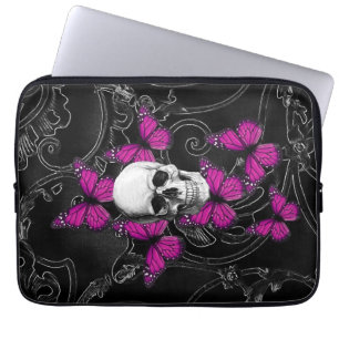 Fantasy skull and hot pink butterflies laptop sleeve