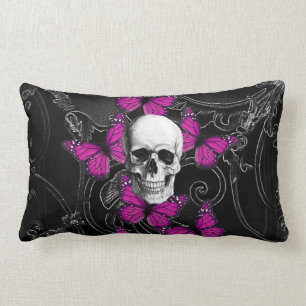 Fantasy skull and hot pink butterflies lumbar cushion