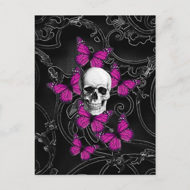 Fantasy skull and hot pink butterflies postcard (Front)