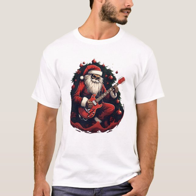 Fantasy Skull Skeleton Santa Playing the Guitar T-Shirt (Front)