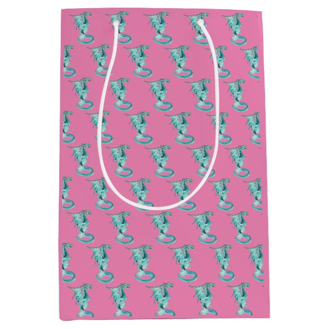 Fantasy Sky Blue Dragon – Majestic Mystical Pink Medium Gift Bag (Front)