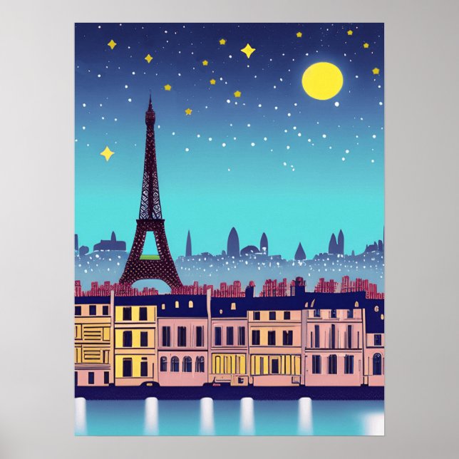 Fantasy Skyline of Paris Under the Stars Poster (Front)
