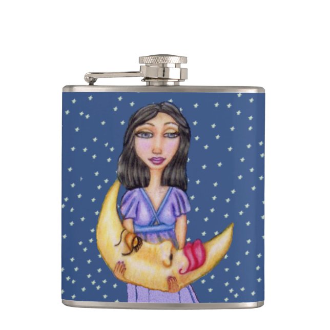 Fantasy Sleeping Crescent Moon Face Woman Hip Flask (Front)