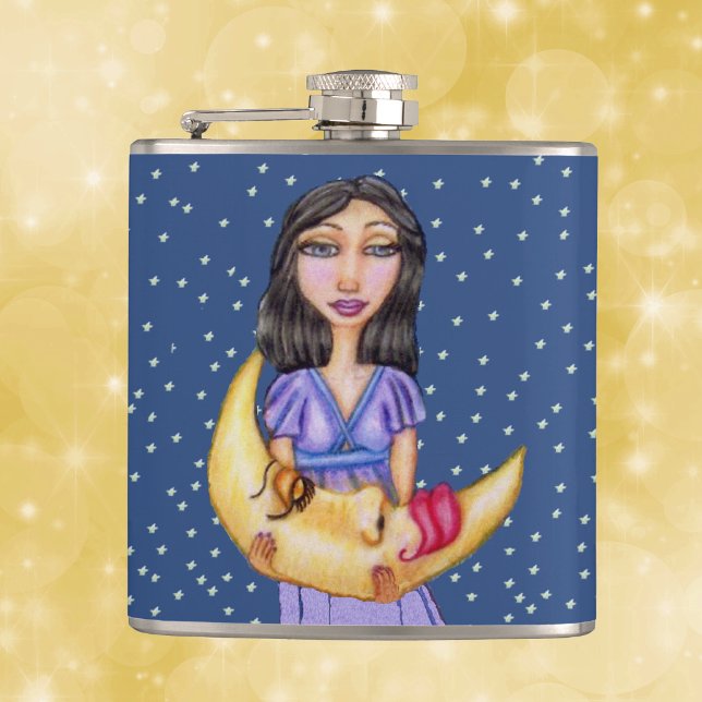 Fantasy Sleeping Crescent Moon Face Woman Hip Flask (Lady in purple nightgown holding sleeping crescent moon with face stars on blue drinking flask.)
