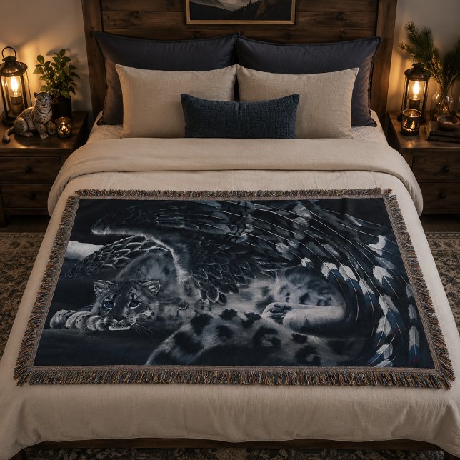 Fantasy Snow Leopard Wings Throw Blanket (Creator Uploaded)