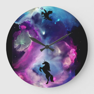 Fantasy Space Nebula Unicorn Dragon Pink blue  Large Clock