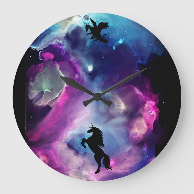 Fantasy Space Nebula Unicorn Dragon Pink blue  Large Clock (Front)