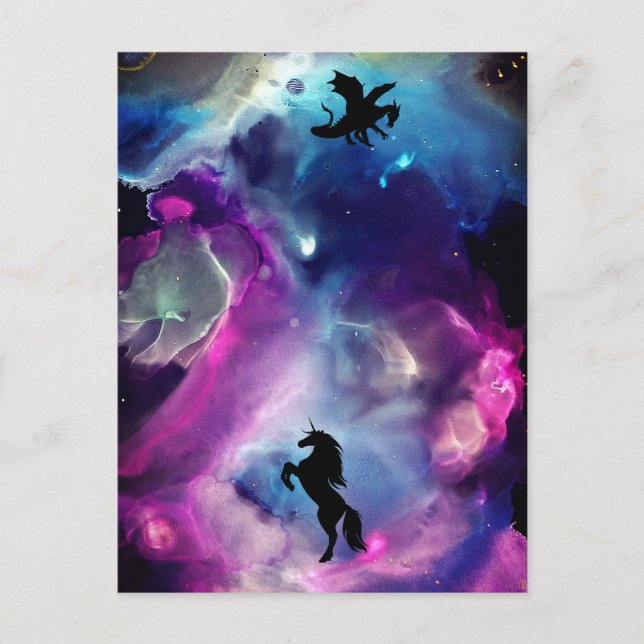 Fantasy Space Nebula Unicorn Dragon Pink blue  Postcard (Front)