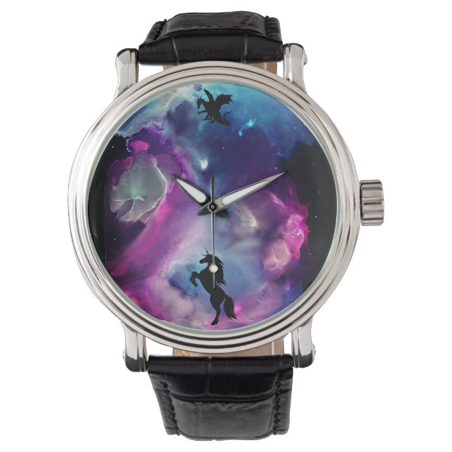 Fantasy Space Nebula Unicorn Dragon Pink blue  Watch (Front)