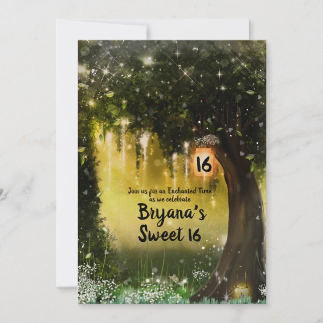 Fantasy Sparkle Enchanted Green Forest Sweet 16 Invitation (Front)
