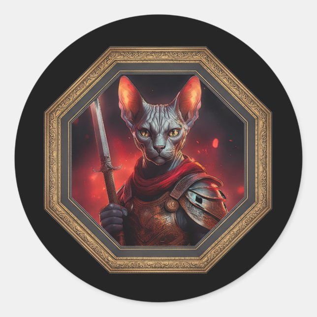 Fantasy Sphinx Cat Warrior In Frame Classic Round Sticker (Front)