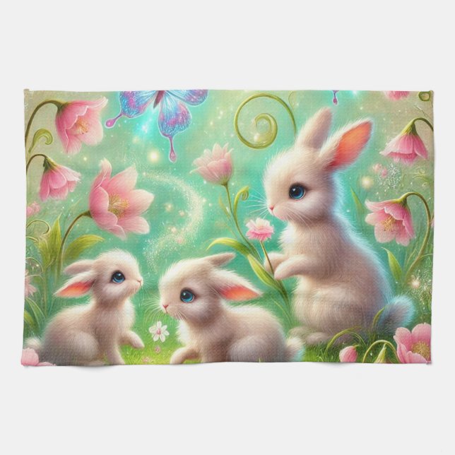 Fantasy Spring Bunny Garden Tea Towel (Horizontal)