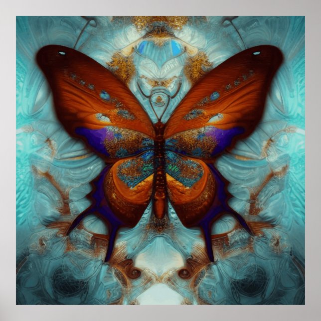 Fantasy Steampunk Orange Butterfly Aqua Watercolor Poster (Front)