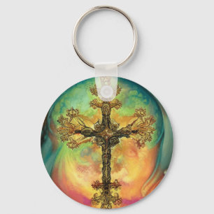 Fantasy Steampunk Ornate Cross In Aqua Watercolor Key Ring