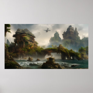 Fantasy summer vacation resort with a stone bridge poster