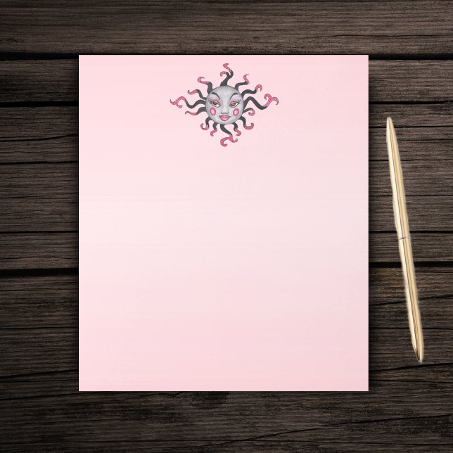 fantasy Sun Pretty Face Black Pink Rays Notepad (Grey pink black sun with pretty face pink lips and fancy scrolled rays on pink paper notepad.)