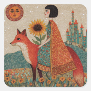 Fantasy Surreal Woman and Her Red Fox Square Sticker