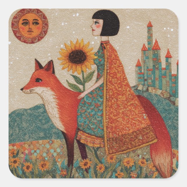 Fantasy Surreal Woman and Her Red Fox Square Sticker (Front)