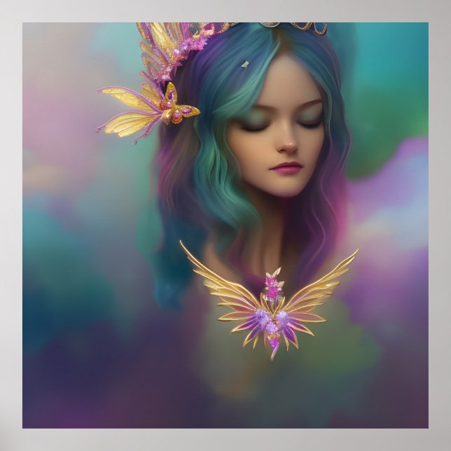 Fantasy Sweet Fairy Girl purple Teal pink Wings 2 Poster (Front)