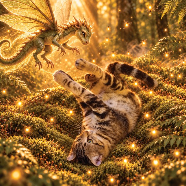 Fantasy Tabby Cat & Dragon Enchanted Forest Pillow (Creator Uploaded)