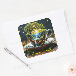 Fantasy teacup miniature world waterfalls square sticker