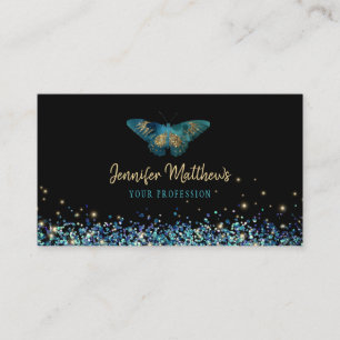 Fantasy Teal & Gold Glitter Watercolor Butterfly Business Card