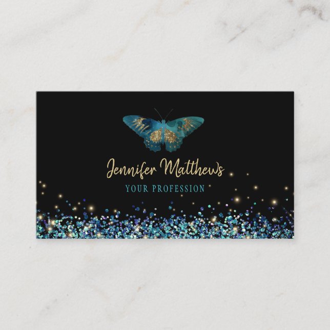 Fantasy Teal & Gold Glitter Watercolor Butterfly Business Card (Front)