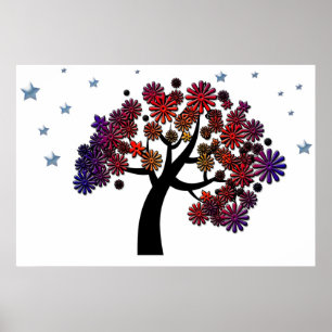 Fantasy Tree with Purple and Red Flowers and Stars Poster