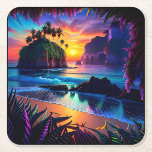 Fantasy Tropical Beach Three Square Paper Coaster