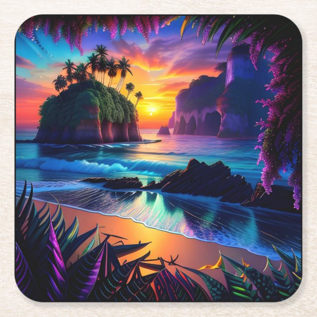 Fantasy Tropical Beach Three Square Paper Coaster (Front)