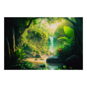 Fantasy Tropical Paradise Landscape with Waterfall Poster