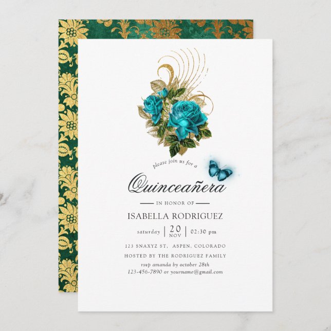 Fantasy Turquoise and Gold Quinceañera Invitation (Front/Back)