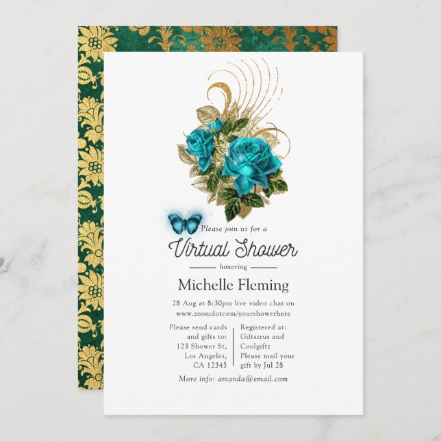 Fantasy Turquoise and Gold Virtual Shower Invitation (Front/Back)