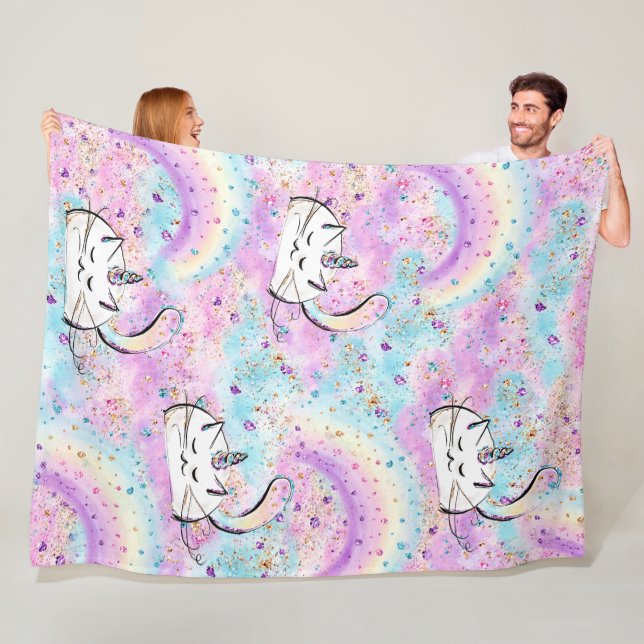 Fantasy Unicorn Cat in the Cotton Candy Clouds Fleece Blanket (In Situ)