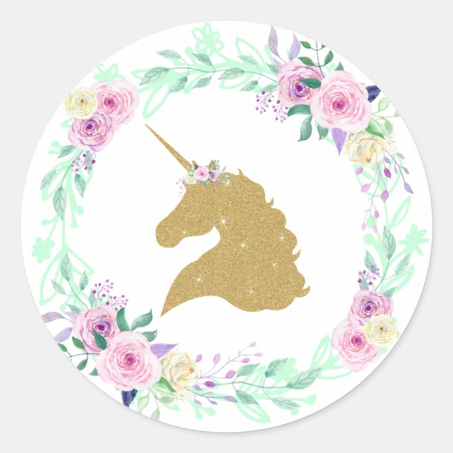 Fantasy Unicorn Floral Gold Classic Round Sticker (Front)