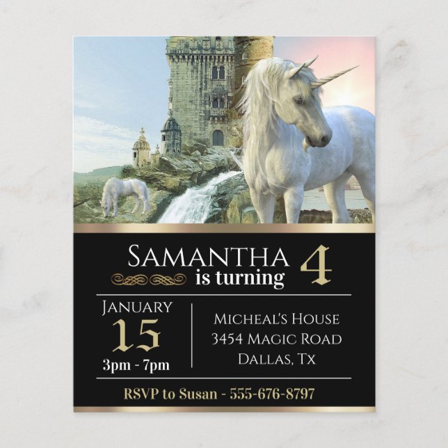 Fantasy Unicorn Mediaeval Castle Metallic Birthday (Front)