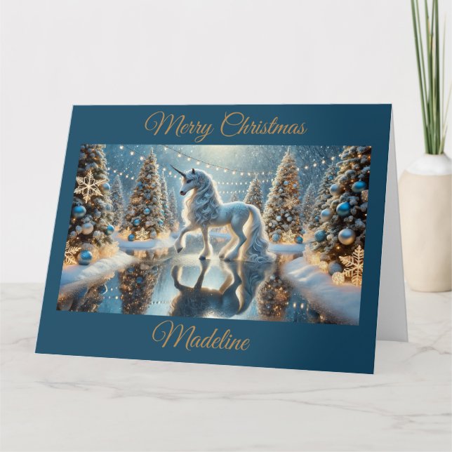 Fantasy Unicorn with Shimmering Christmas Trees Card (Front)