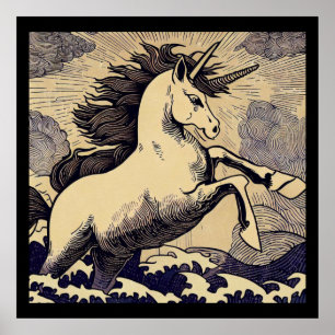 Fantasy Unicorn - Woodcut 1 Poster