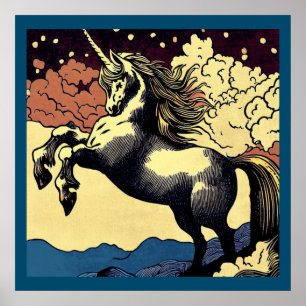 Fantasy Unicorn - Woodcut 4 Poster